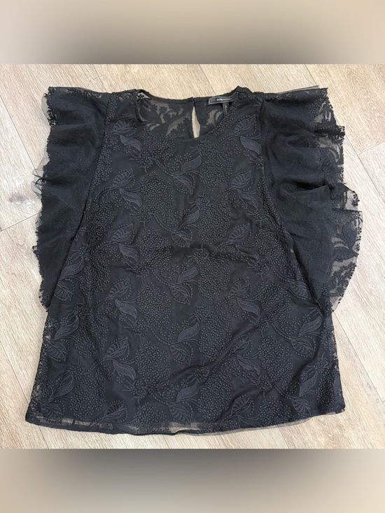 BCBGMaxAzria Tops - BCBGMaxAzria Black Embroidered Sheer Flutter Sleeve Top